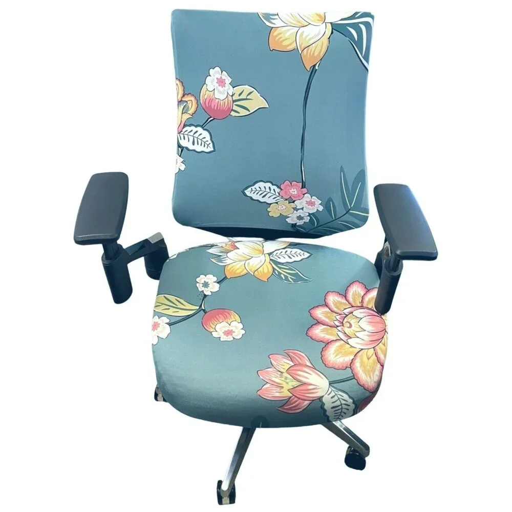 Office Chair Seat and Back Covers Floral Pattern Teal Cloth Elastic Closure